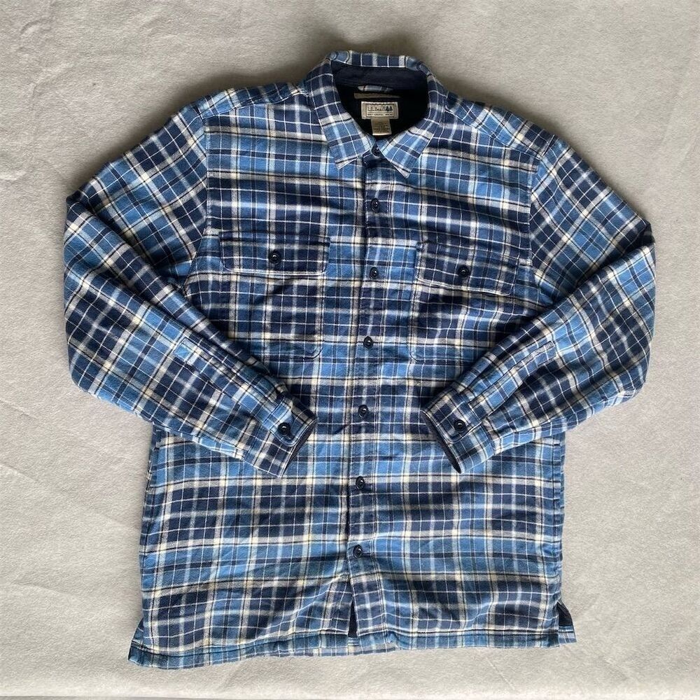 L.L. Bean Men's M Blue Plaid Flannel Button-Up Shacket Long Sleeve Fleeced Lined
